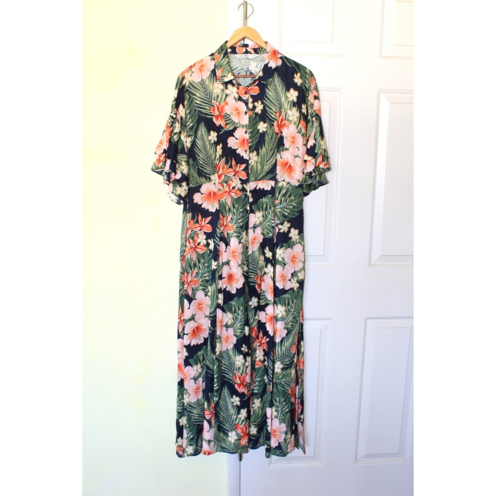 Zara Hawaiian Floral Print Women Maxi Dress Size XL Button front open side