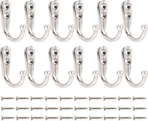 12-Pack Chrome Metal Wall Mount Coat Hooks for Small Hangers
