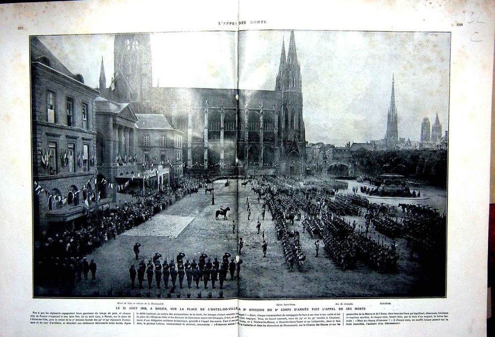 Original Old Antique Print Ceremony War Dead Rouen French Siers Ww1 Funeral