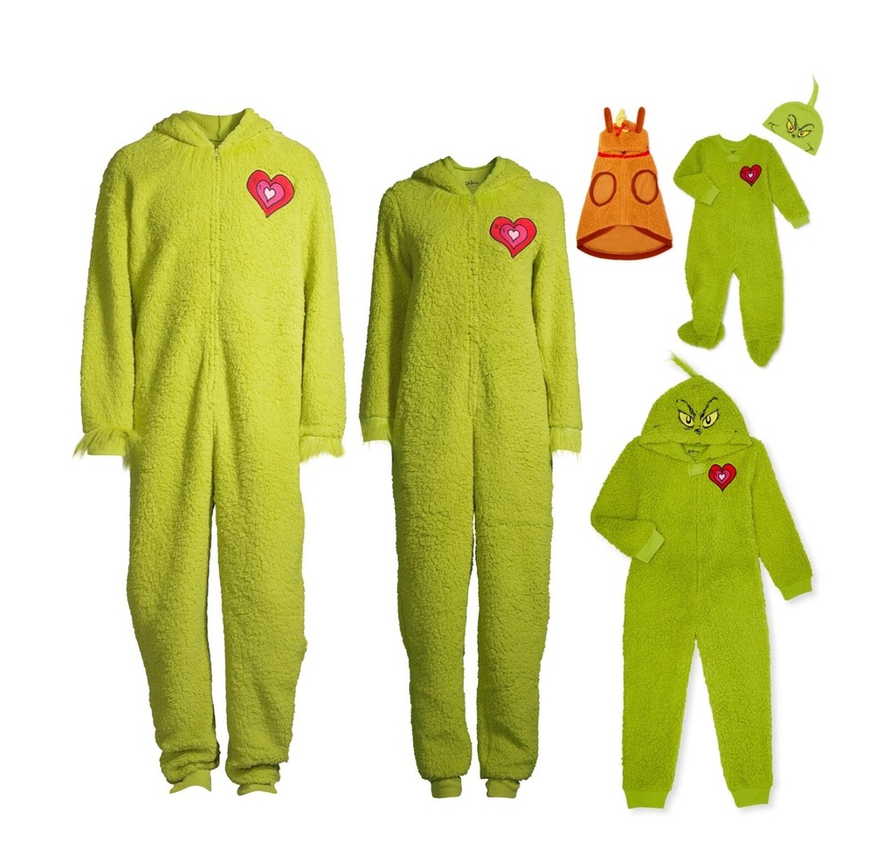 NEW family matching Grinch Christmas One Piece Hooded Pajamas Men Women Child