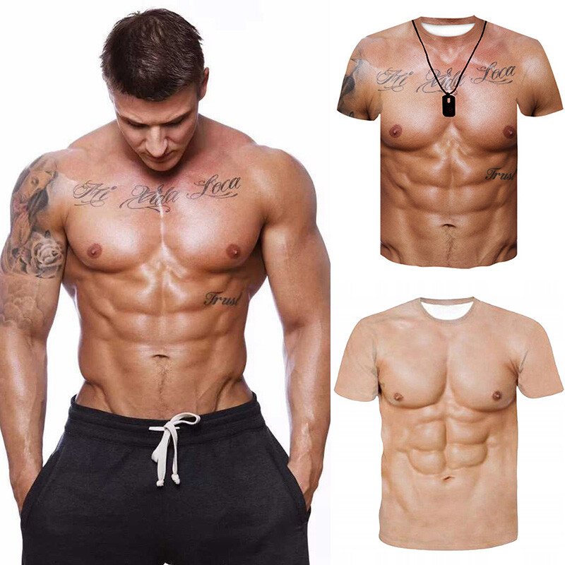 Men's Strong Muscle Body Print Short Sleeve T-Shirt 3D Digital Printing Tee Tops