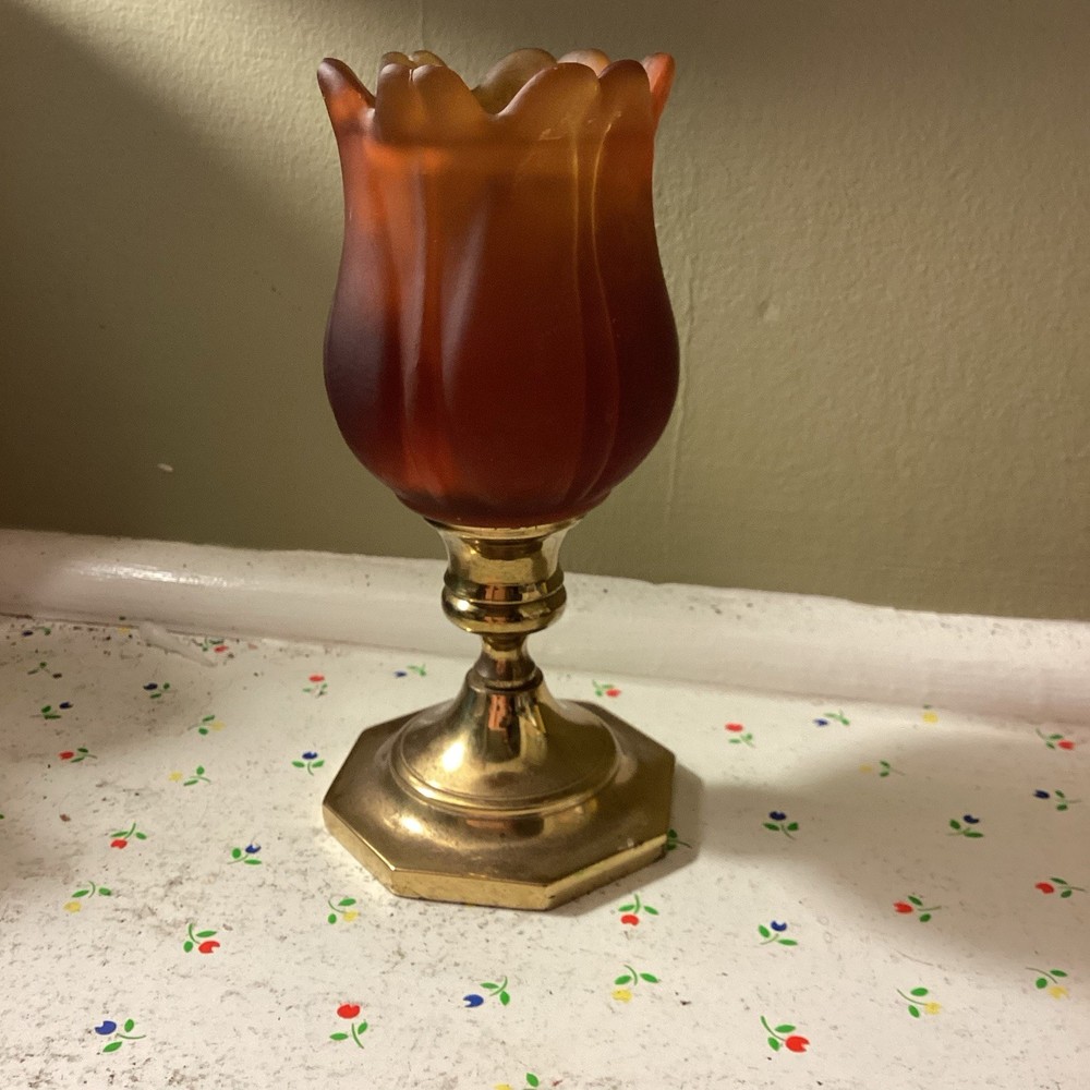 Vintage Amber Gold Honeycomb Diamond Glass Peg Votive Candle Holder