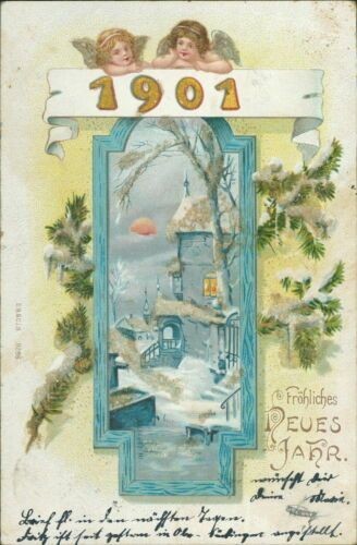 Ansichtskarte Neujahr Neues Jahr 1901 Prägekarte Haus Engel Tannenzweig (9874)