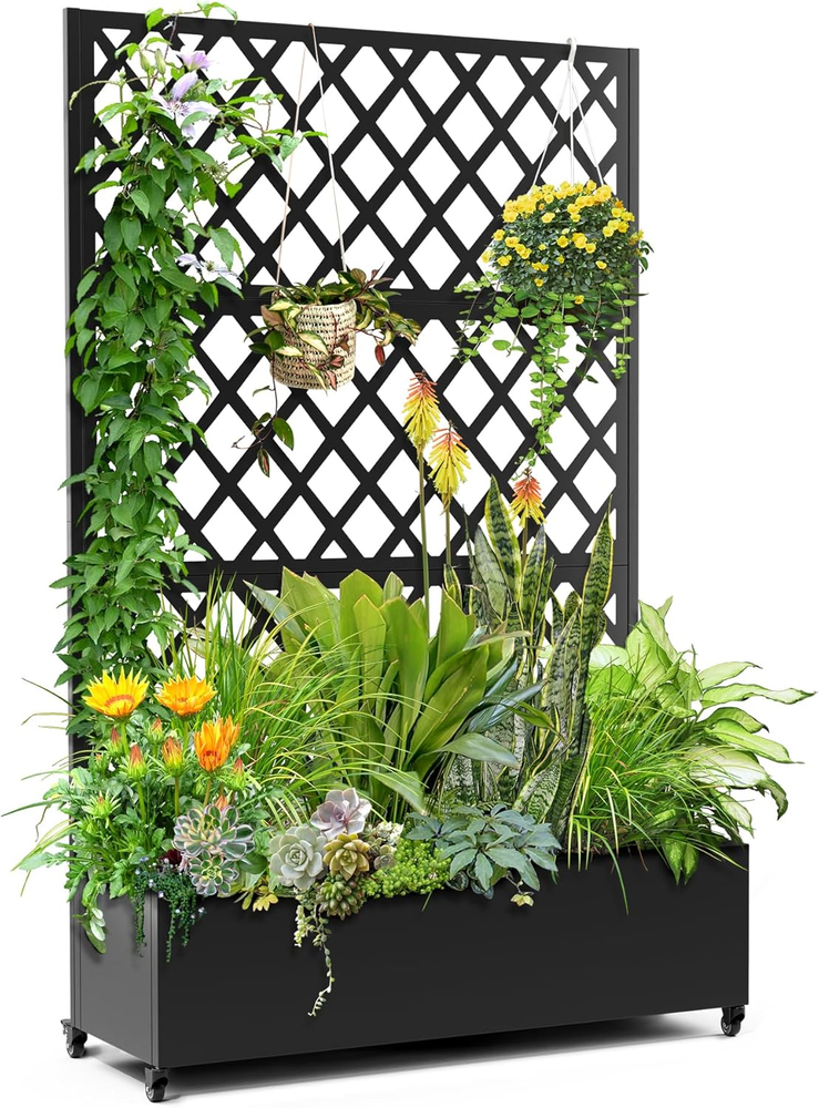 Metal Planter Box with Diamond Lattice Trellis Planter Box for Climbing Plants/V