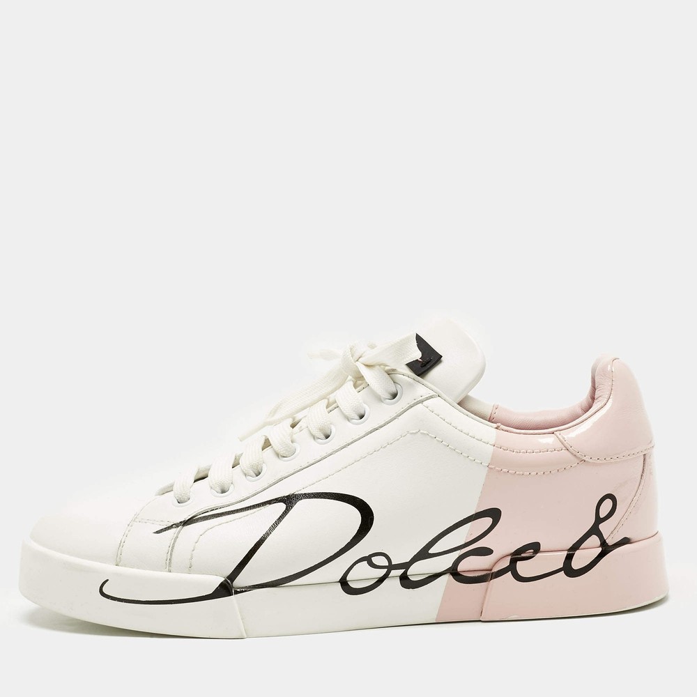 Dolce Gabbana WhitePink Leather Portofino Lace Up Sneakers Size 39.5