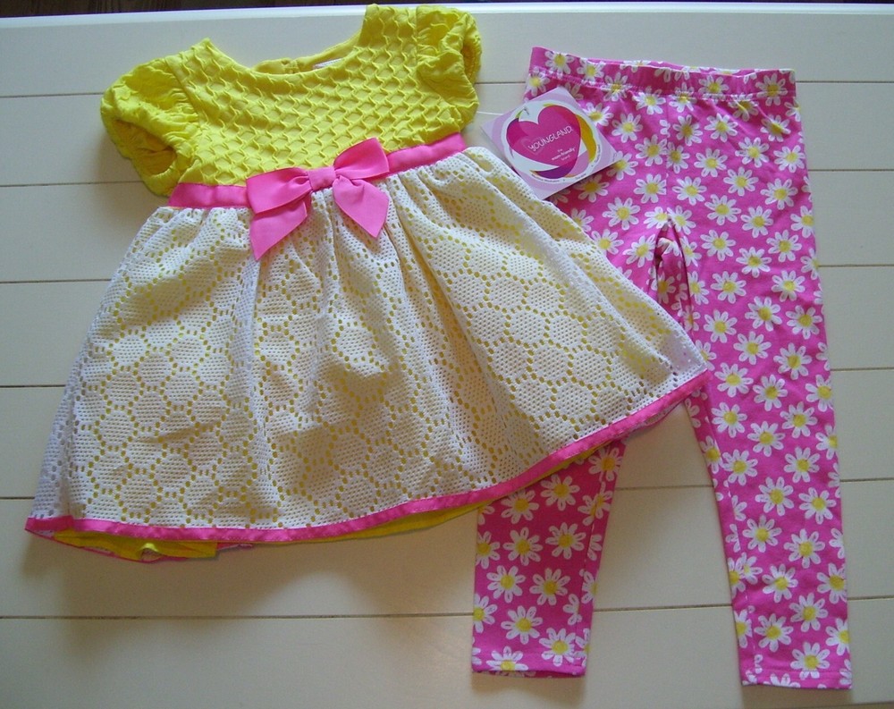 Yellow Pink Tunic Top with Daisy Leggings Outfit for Girls Easter Size 4  
