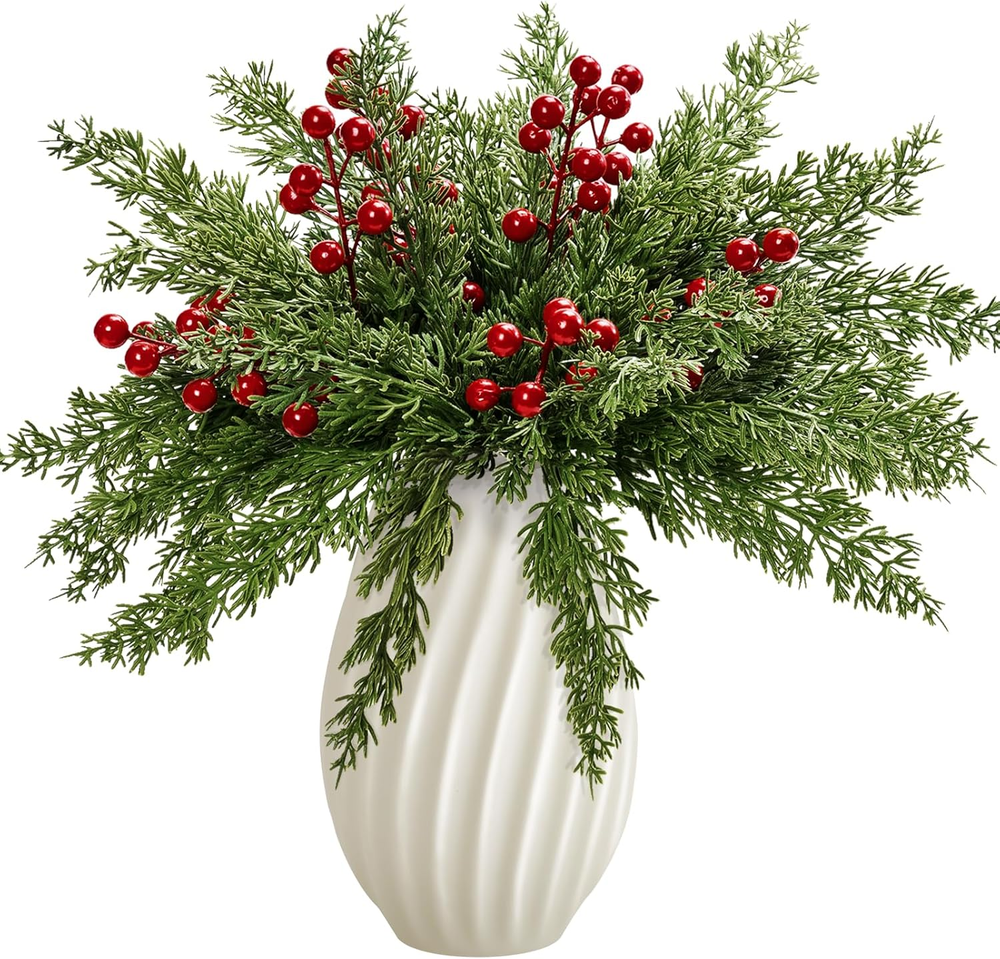 45 Pcs Artificial Pine Branches with Red Berry Stems, Christmas Greenery Sprigs