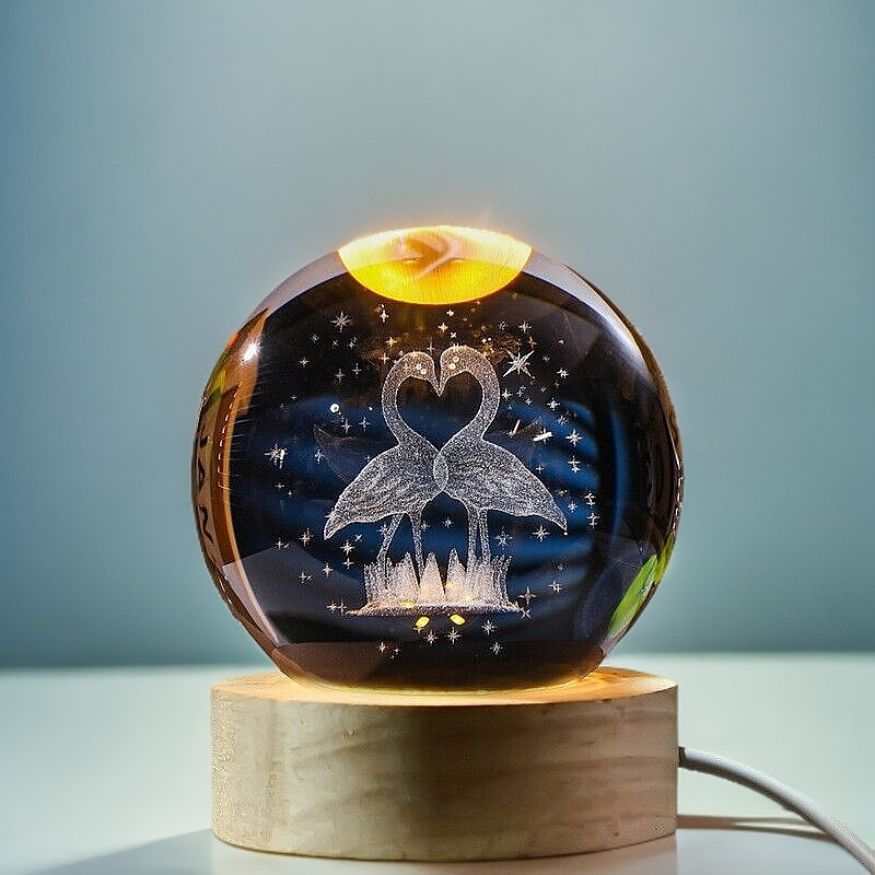 3D Flamingo Carved Crystal Ball Night Light – Wooden Base for Kids and Healing