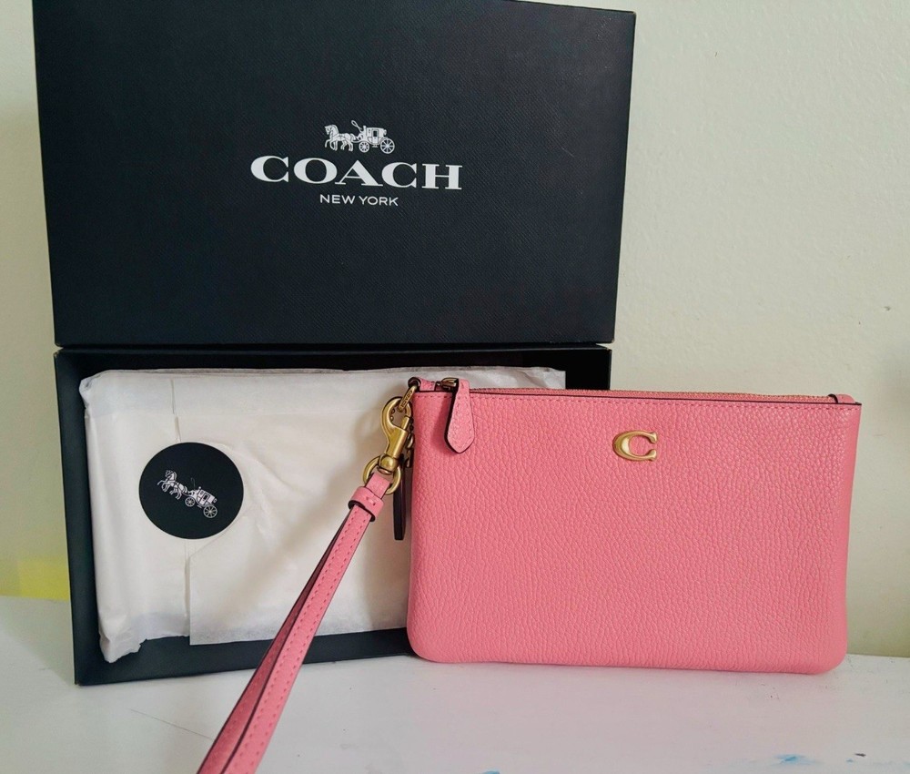 COACH Polished Pebble Leather Small Zip Wristlet New