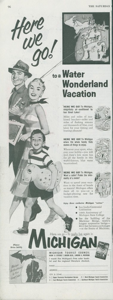 1955 Michigan Water Wonderland Vacation Fishing Pole Tourists Print Ad SP22