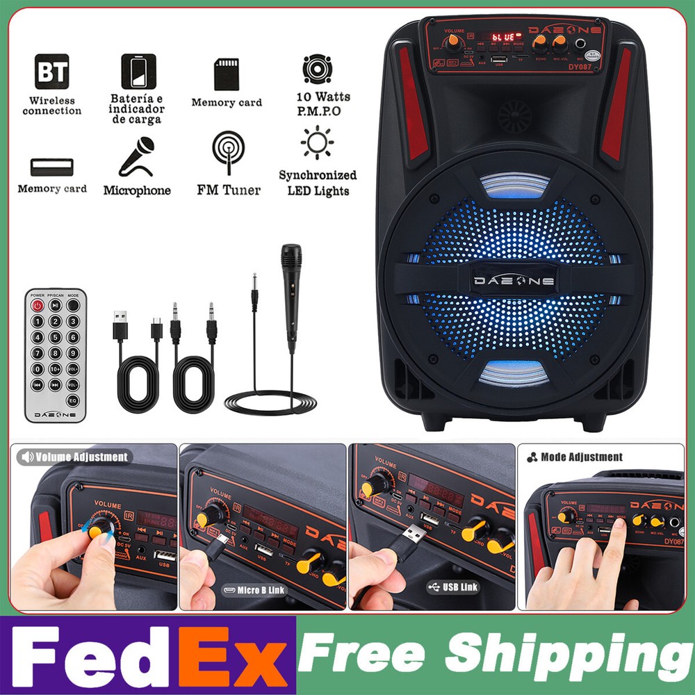 8 Inch Portable Bluetooth Speaker LED FM Radio DJ Party with Remote+ Microphone