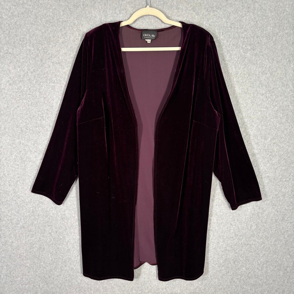 Vintage Onyx Nite Womens Velvet Duster Cardigan Burgundy Size 14 Long Coat