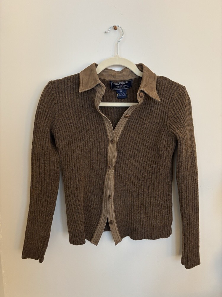 Women’s Sport Ralph Lauren M 50% Wool 50% Linen Button Up Knit Sweater Brown