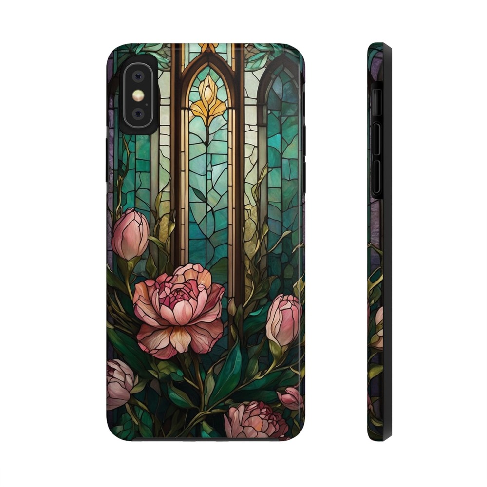 Stained Glass Phone Cases, Soft Pink Roses Design, Floral Cathedral Pattern