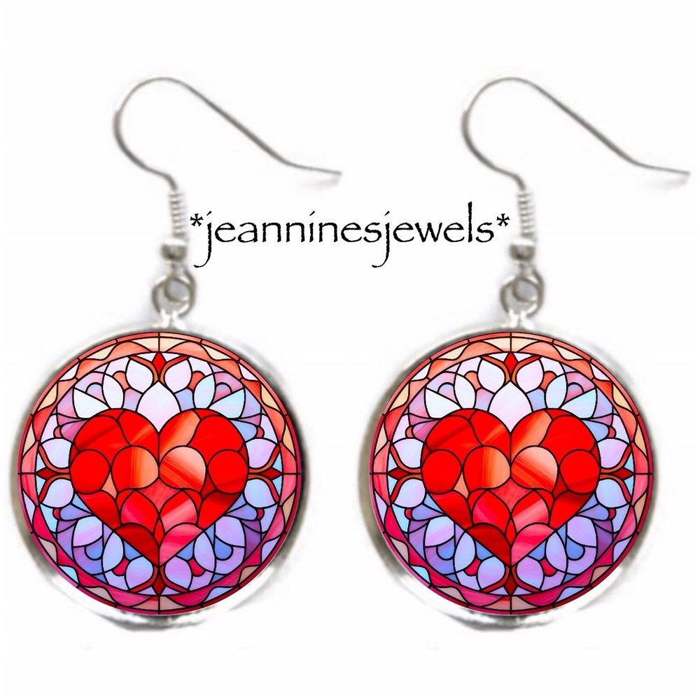 Purple Red HEART  Valentines Day Gift Faux Stained Glass Silver Charm EARRINGS
