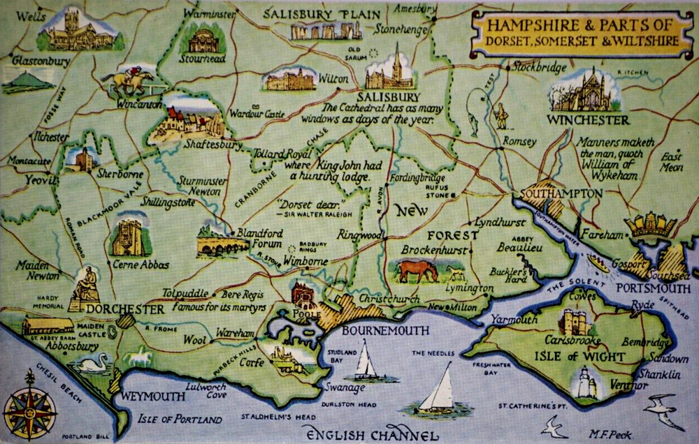 Postcard Comic Map Hampshire Dorset Somerset Wiltshire England M. F. Peck Salmon