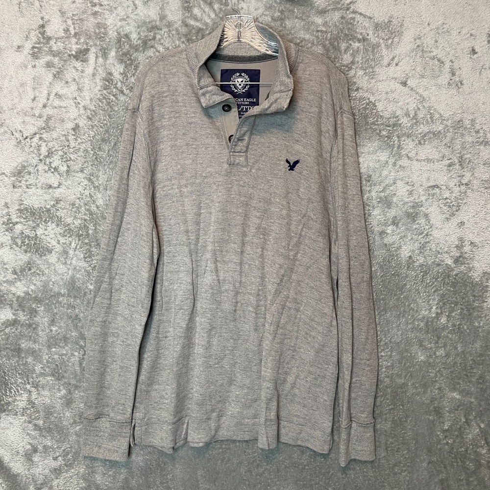 American Eagle Men Preppy Classic 1/4 Pullover Mock Neck Cotton Sweater 2XL Gray