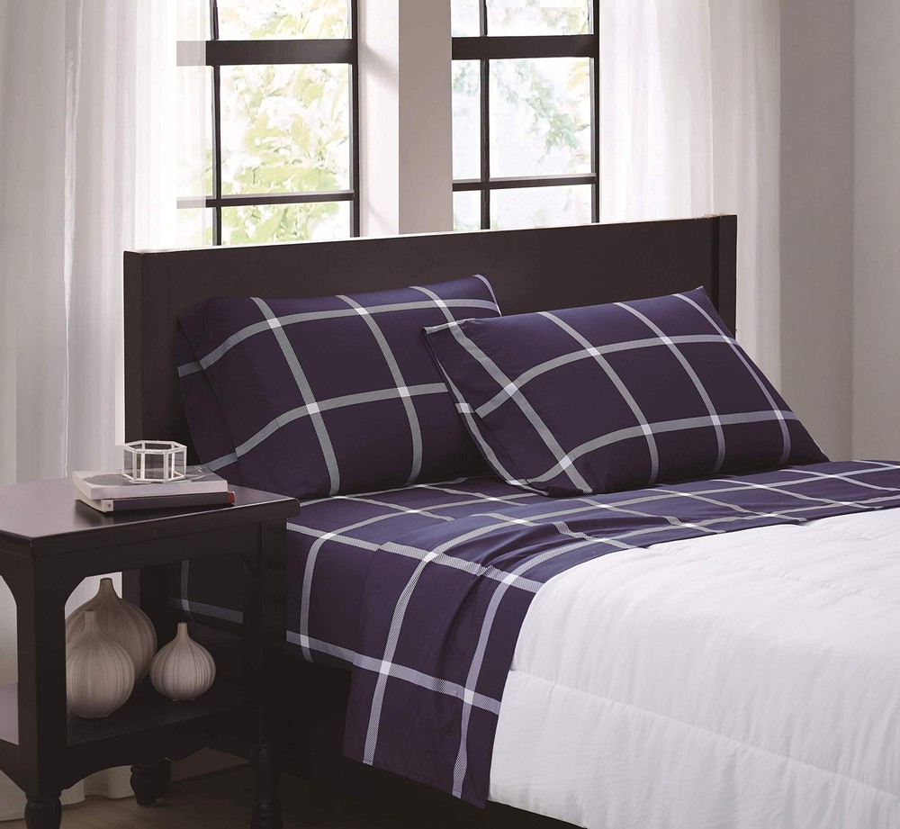 Twin Microfiber Sheet + Pillowcase Set - Printed Windowpane Collection - Navy...