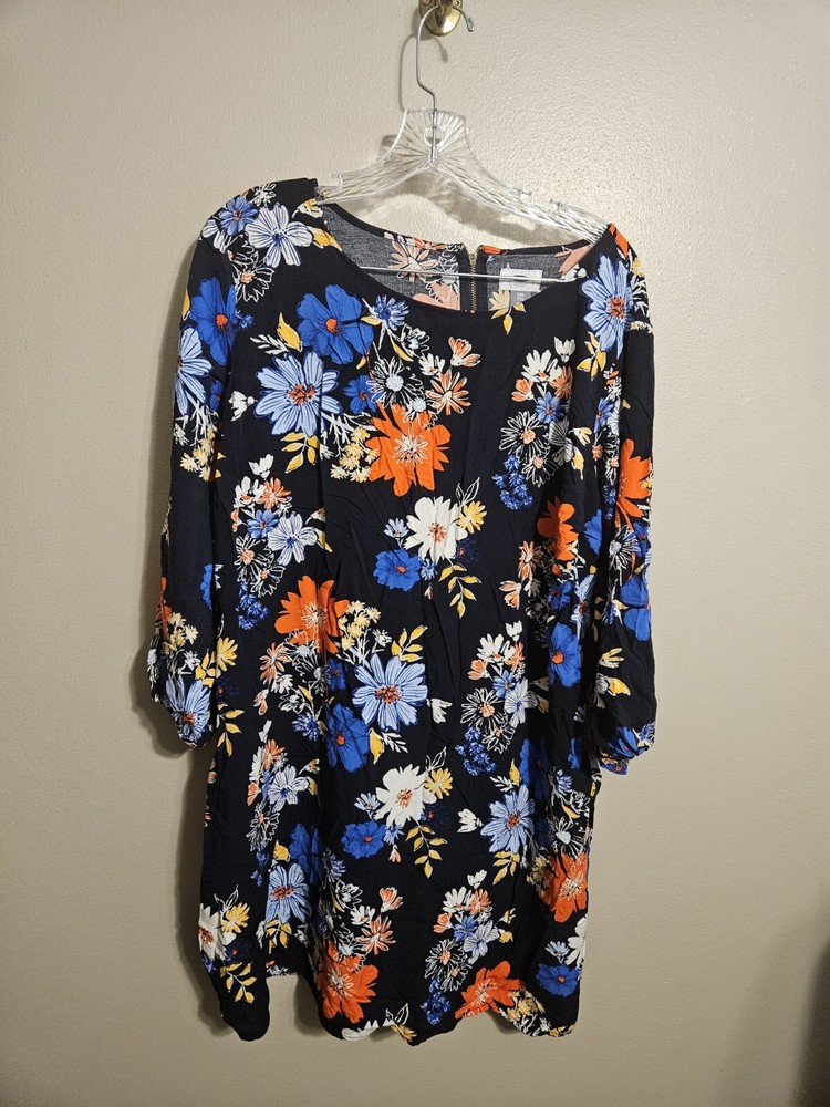 Old Navy Shift Dress Floral Pattern 3/4 Sleeve Back Zip Blue Orange Size XXL