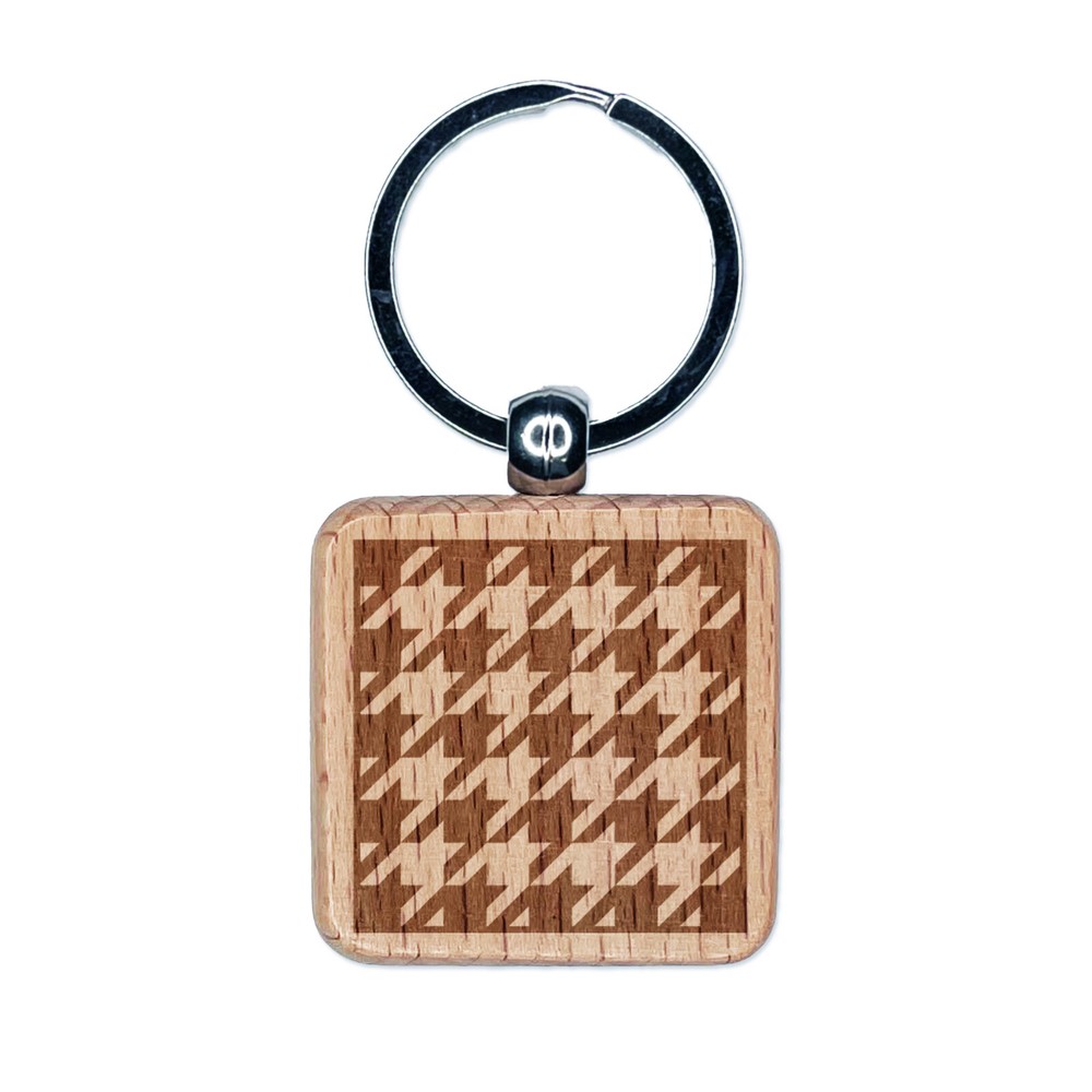 Houndstooth Pattern Block Engraved Wood Square Keychain Tag Charm
