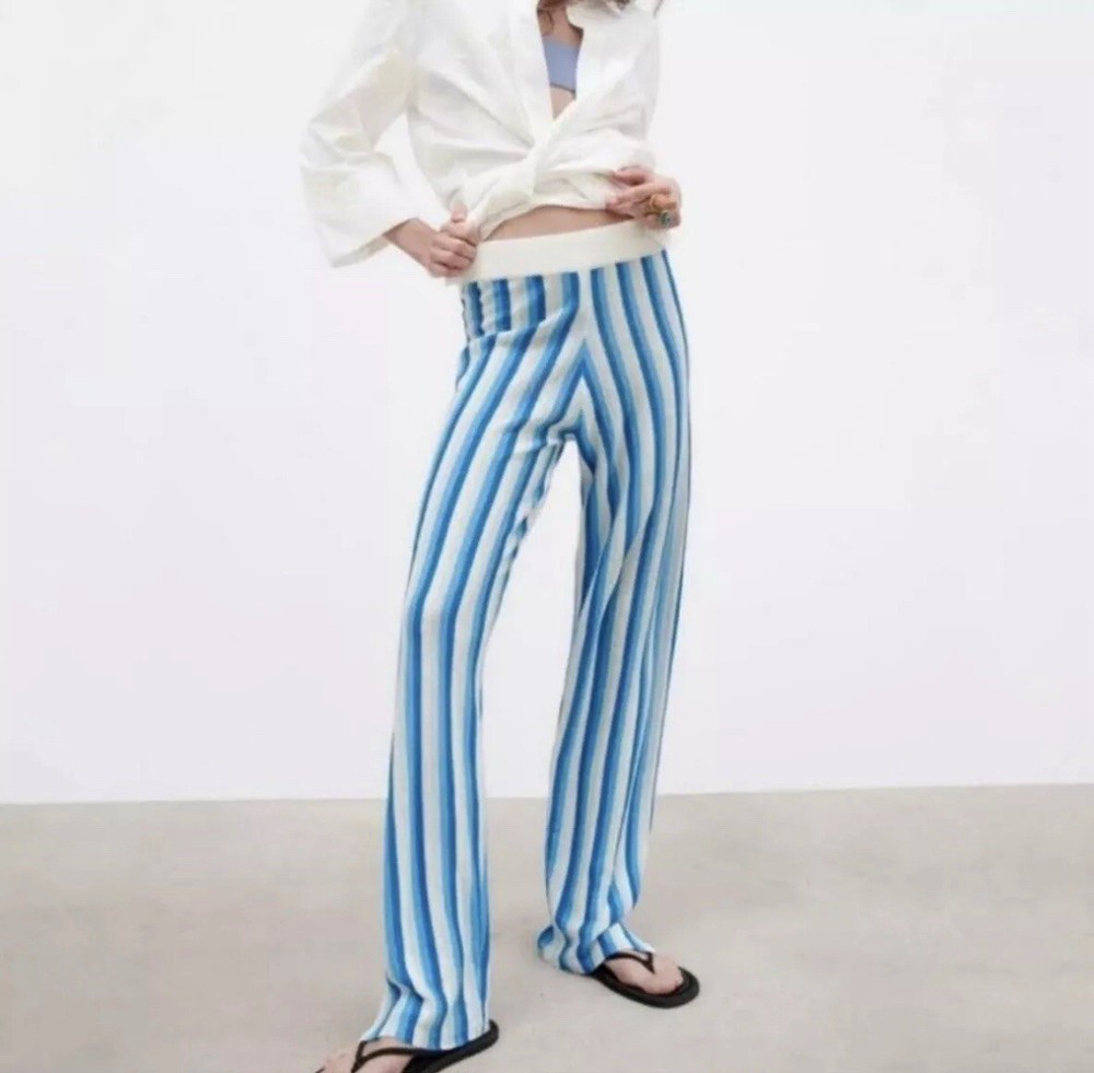Zara Women’s Strip Linen Blend Relaxed Beach Resortwear Pants SZ M
