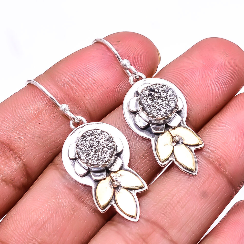 Silver Titanium Agate Drusy 925 Sterling Silver Two Tone Flower Earring 1.64