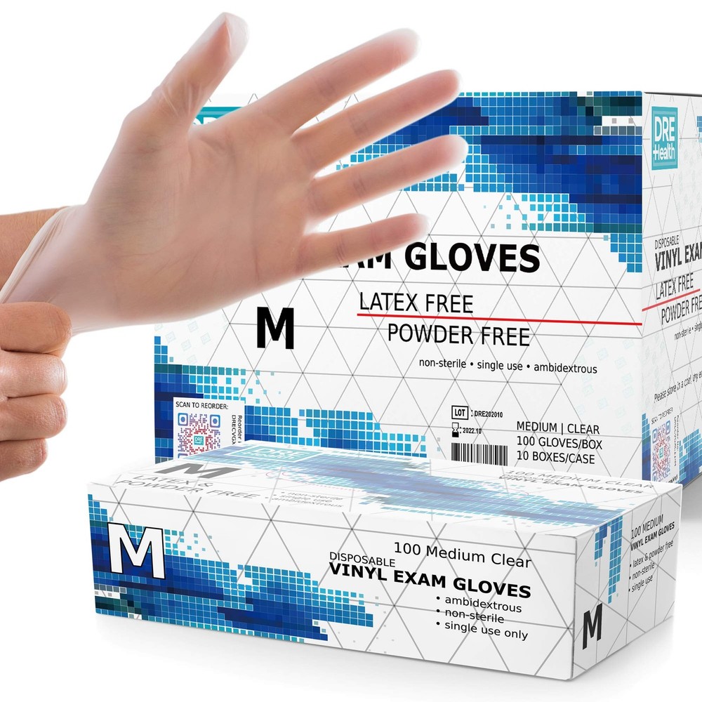Powder Free Disposable Clear Vinyl Gloves Medium 1000 Count 4 Mil Thick