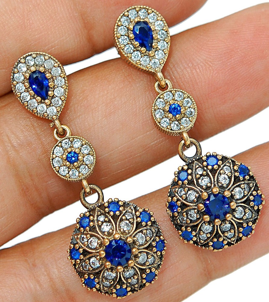 Ottoman Empire Style 6CT Sapphire 925 Sterling Silver Earrings TE1529