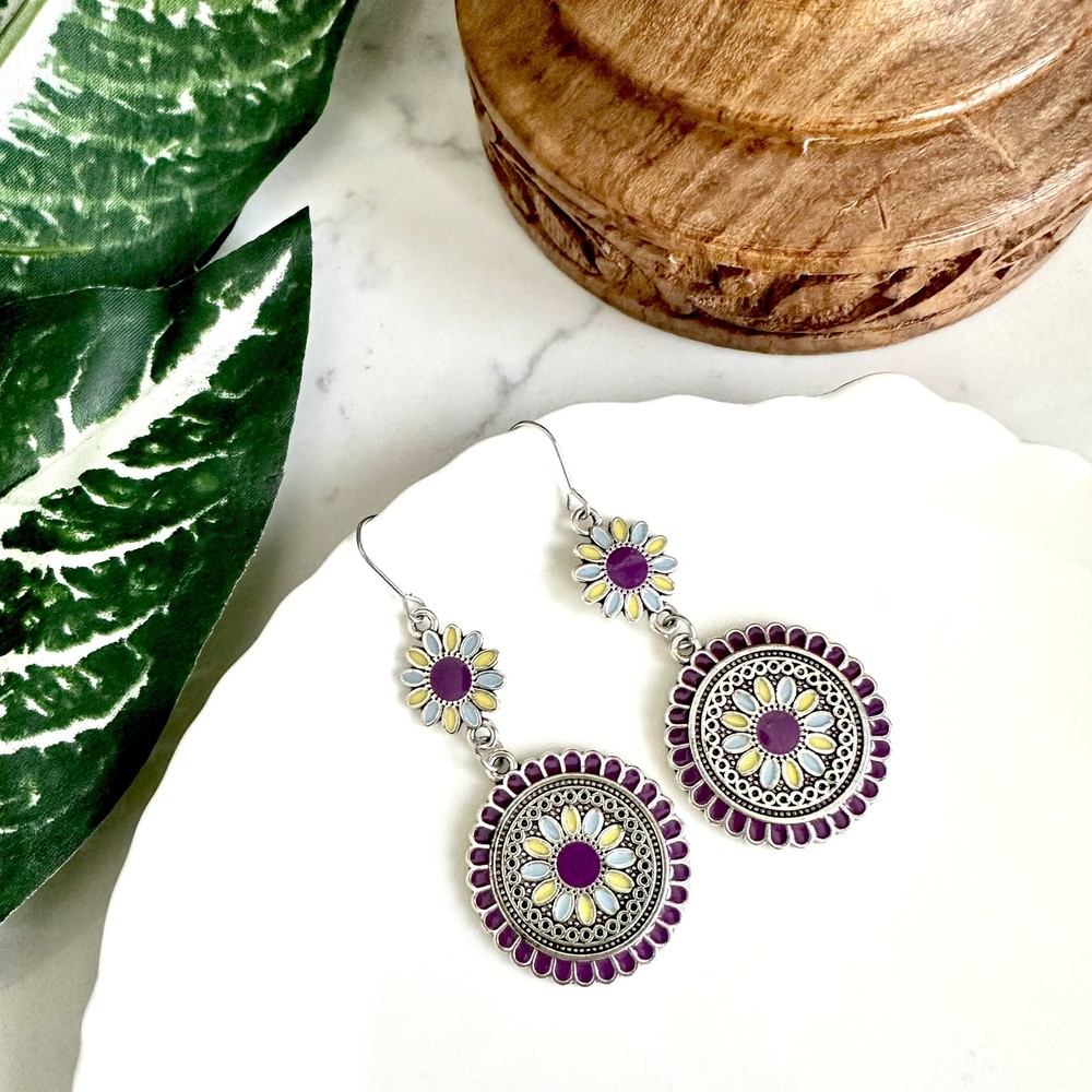 Silver Purple Boho Floral Medallion Earrings Hippie Dangle Gift Mandala Disc