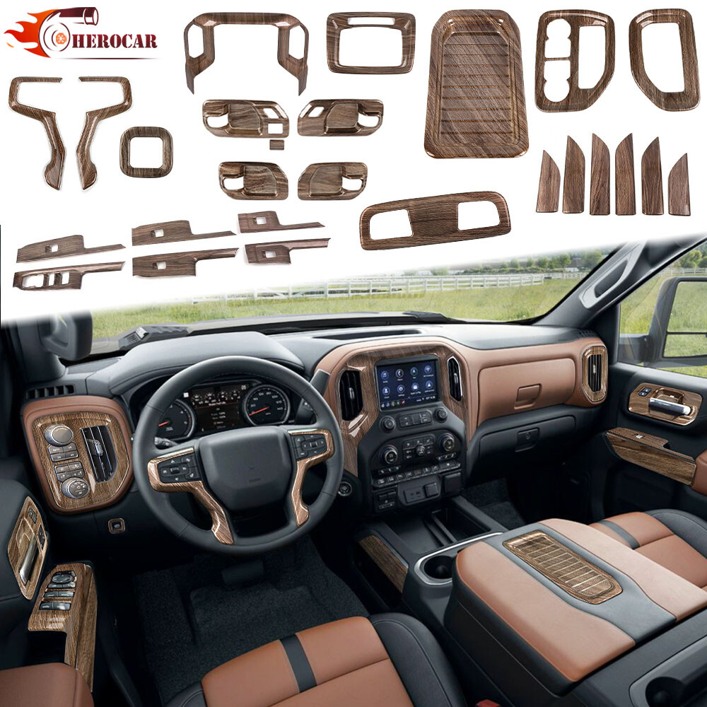 🌟26x Wood Grain Inner Center Dash Trim Kit For Chevy Silverado GMC Sierra 2019+