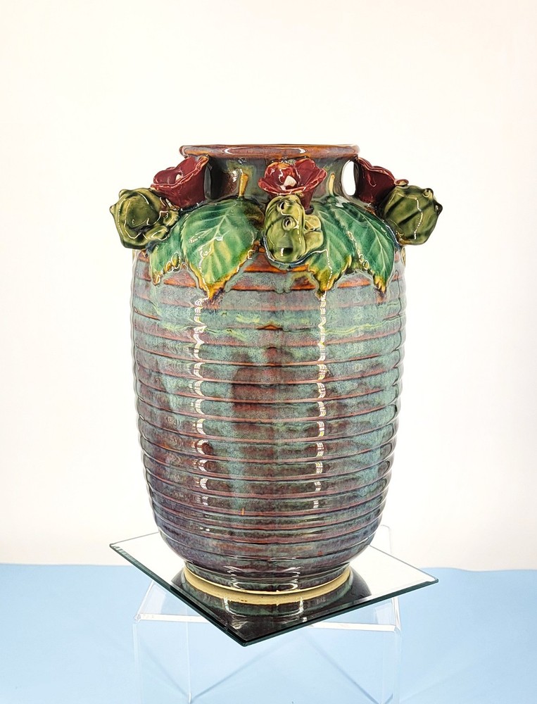 Handmade Majolica Pottery Vase with Frog & Flower Drip Glaze Decor