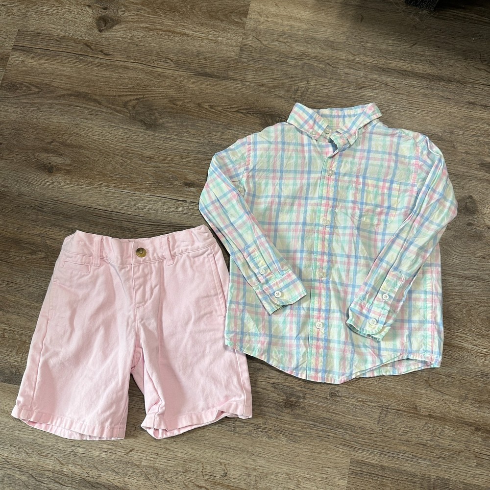 Janie and Jack Boys 3 Set Button Down Shirt Shorts Pink Blue Plaid Easter Spring