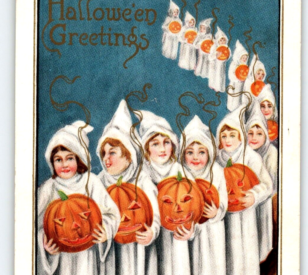 Halloween Postcard Kids in White Hooded Capes Holding Glowing Pumpkins Embossed Design
