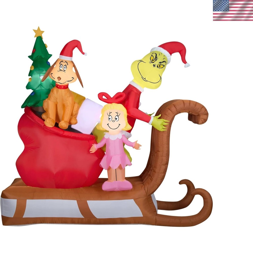 9FT Airblown Inflatable Grinch with Max and Cindy Lou Who Christmas Sleigh Scene
