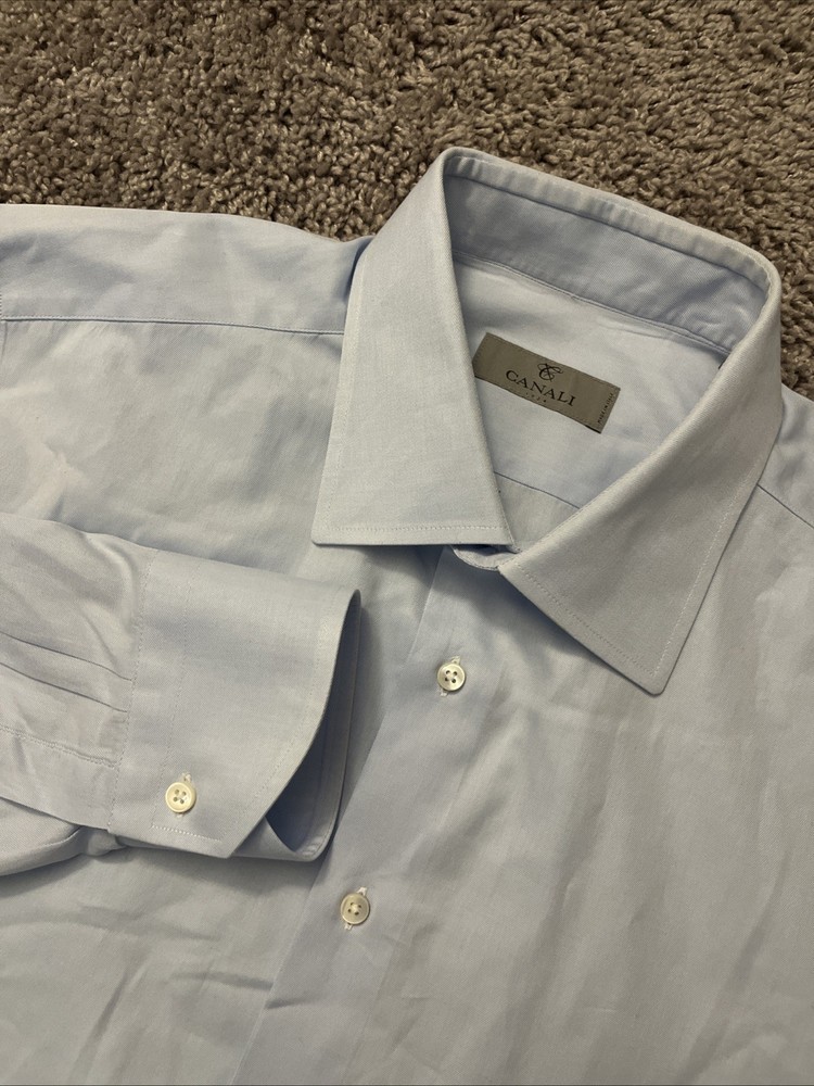 Canali Shirt Mens 17 43 Blue Button Up Long Sleeve Preppy Casual Cotton Office