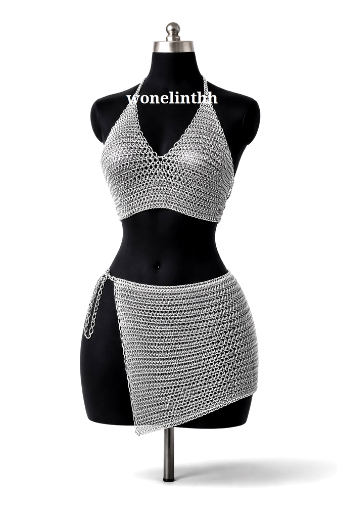 Aluminium Chainmail Bra & Skirt Set Medieval Metal Bikini Costume LARP Armor