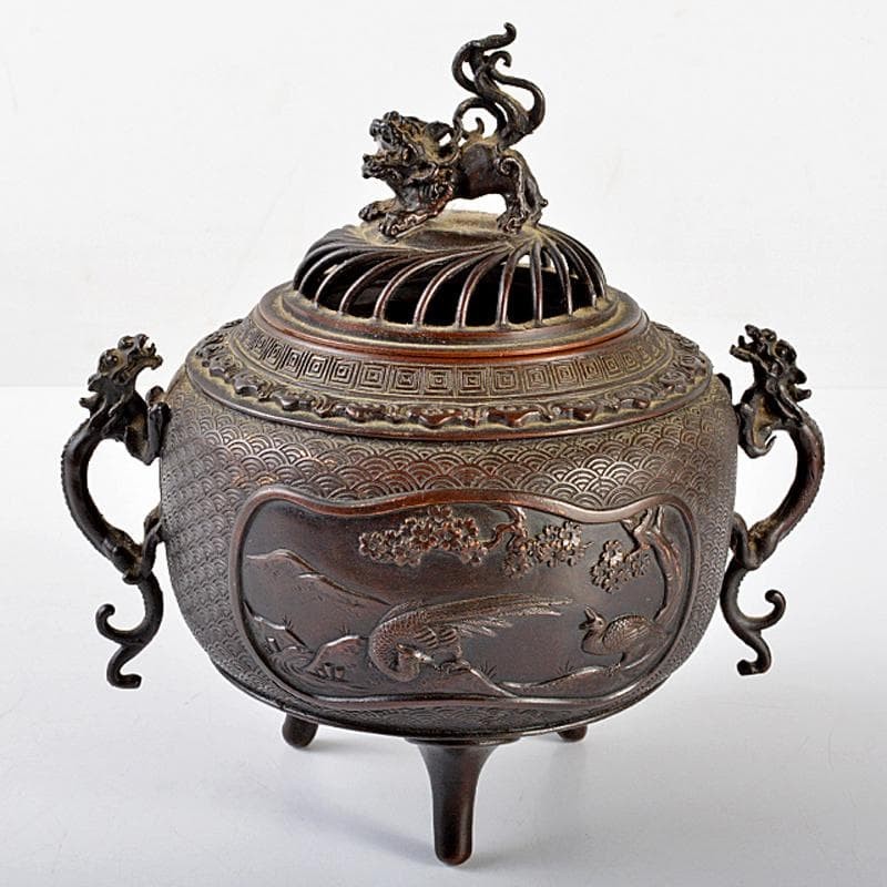 Bronze Incense Burner 7 in Dragon Foo Dog Lion Vintage Japanese Censer Sculpture