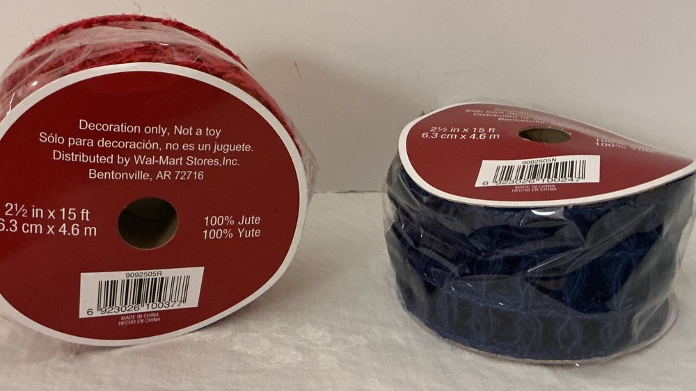 2 New Wired Burlap Ribbon, 1 Red And 1 Blue, 15 Ft X 2 1/2” Each