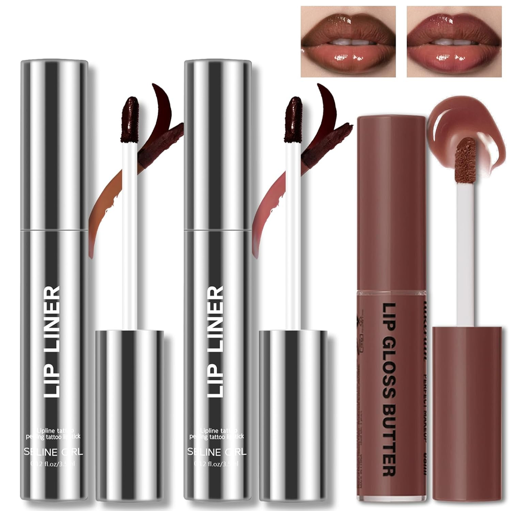 2 Colors Peel off Lip Liner Stain with Nude Nourishing Lip Gloss Combo for Women