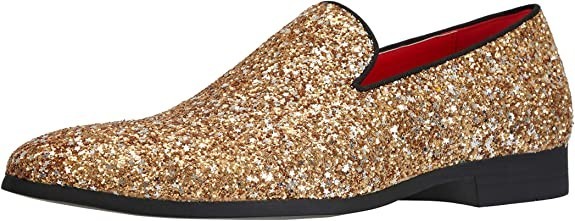 Santimon Men's US 9.5 - 12.5 Gold Sequins Glitter Smoking Loafers Dress Shoes  P