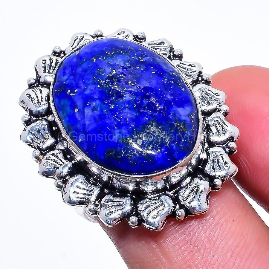 Christmas Sale Lapis Lazuli Gemstone 925 Silver Boho Statement Ring Jewelry US 7-image