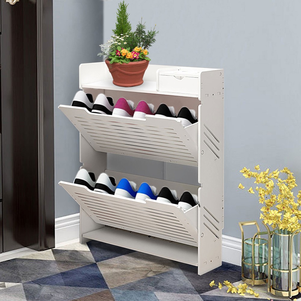 Modern PVC Shoe Rack with Flip Drawer - 2-Tier White Storage Cabinet