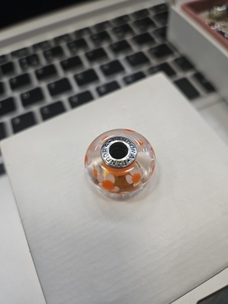 RETIRED Pandora XL Murano Glass Charm Orange Flowers in 925 Sterling Silver 790751