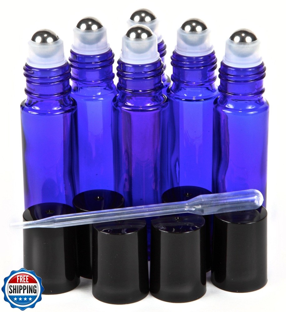 Vivaplex, 6, Cobalt Blue, 10 ml Glass Roll-on Bottles with Stainless Steel Ro