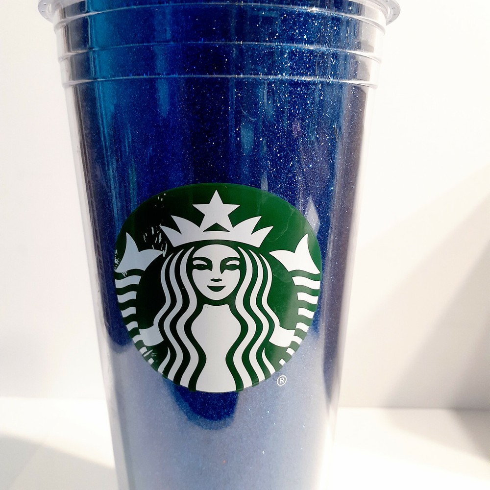 Starbucks 2016 Cold Brew Tumbler Blue Glitter Clear Lid 20 Fl Oz No Straw