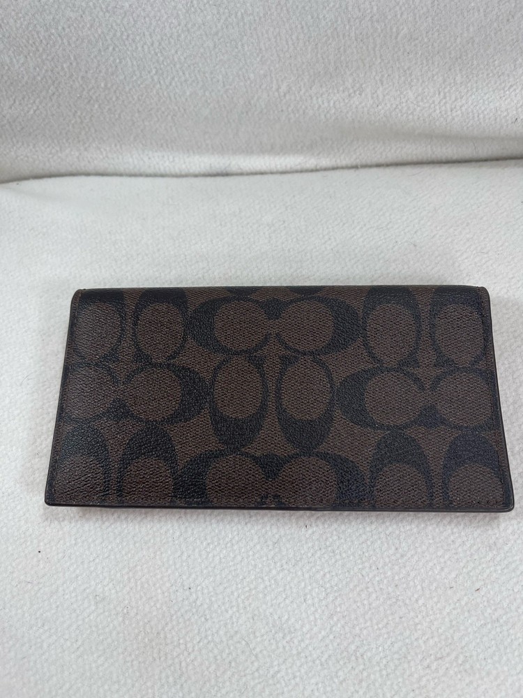 Coach Signature Bifold Checkbook Wallet W Pen Slot Dark Brown Black