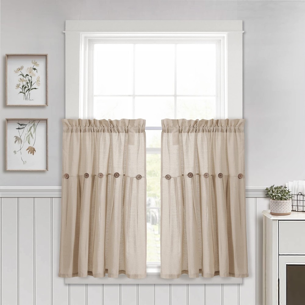 Linen Button Farmhouse Kitchen Curtains Tier Set 29