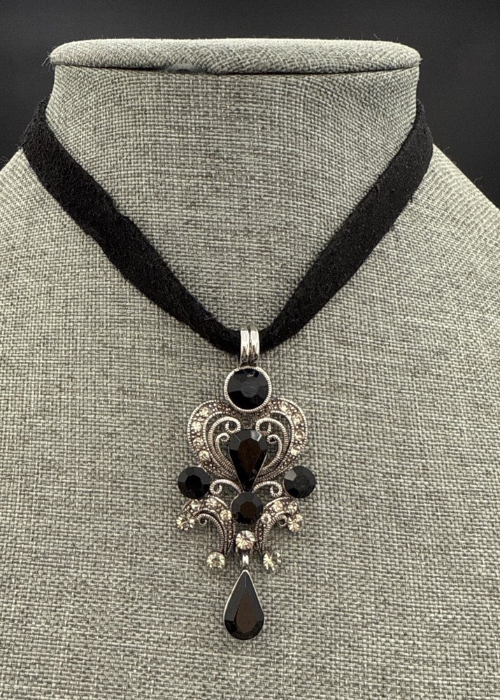 Black Velvet Choker Necklace with Glass Beads & Rhinestone Pendant