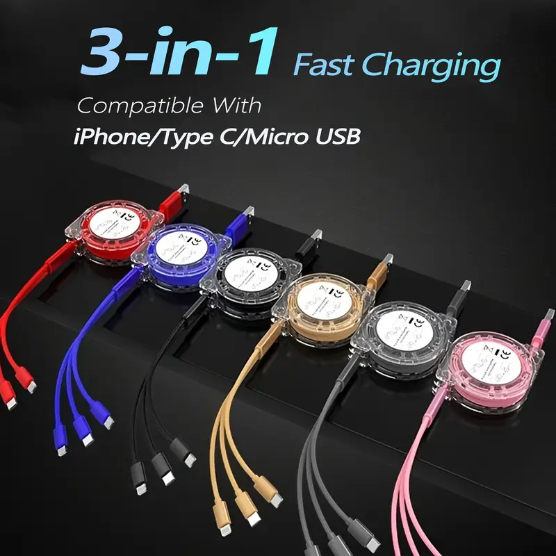 Retractable 3 in 1 Multi Fast Charging USB Cable for iPhone Type-C Micro USB USA