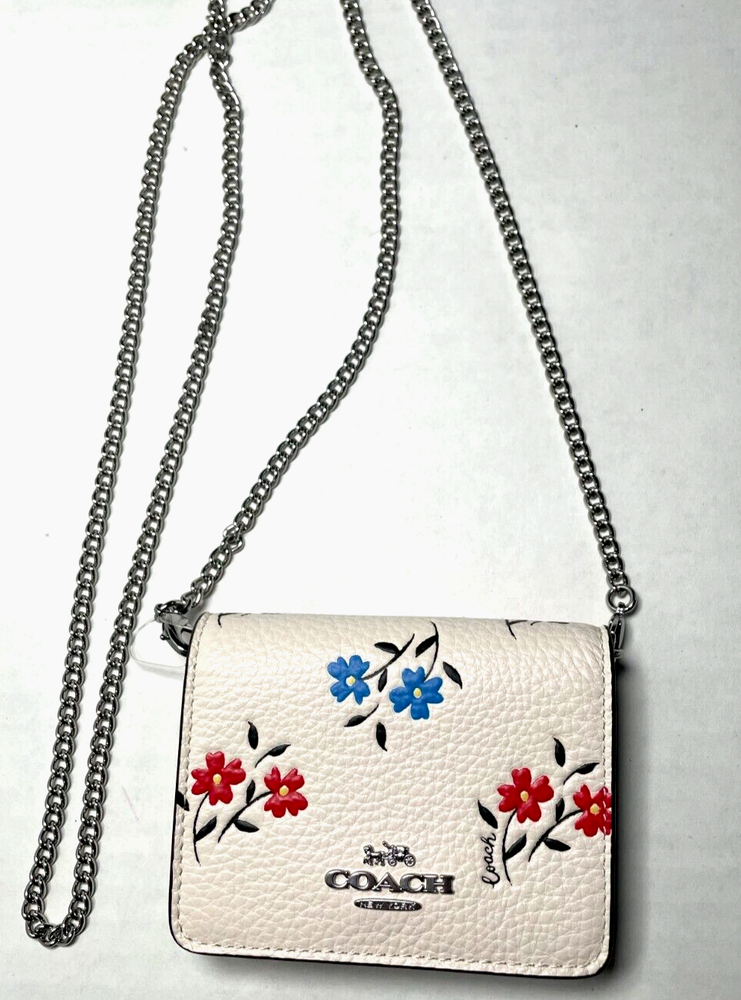 COACH CU005 Pebble Leather Mini Wallet Chalk Floral Print/Metal Chain/$198/NWT